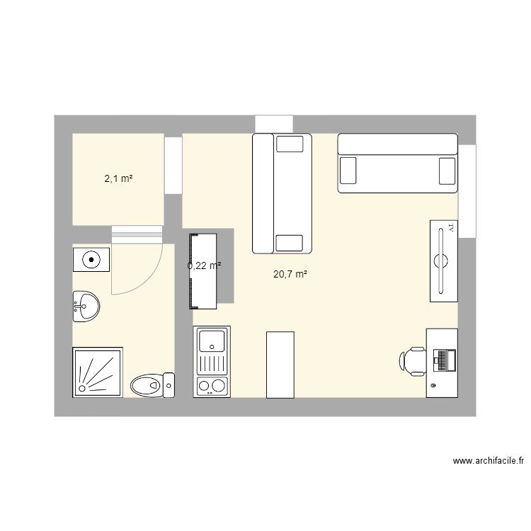 studio2. Plan de 3 pièces et 23 m2