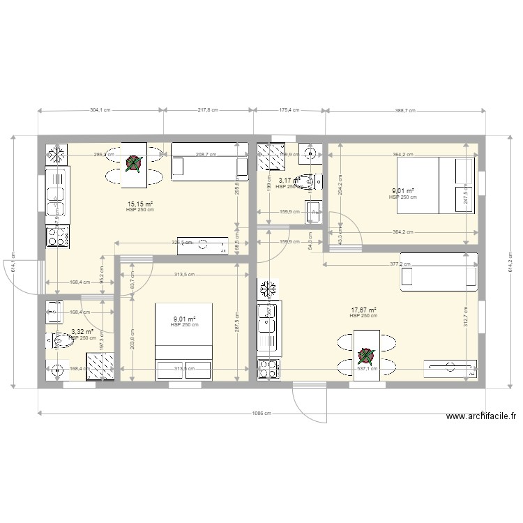 appart T. Plan de 6 pièces et 57 m2