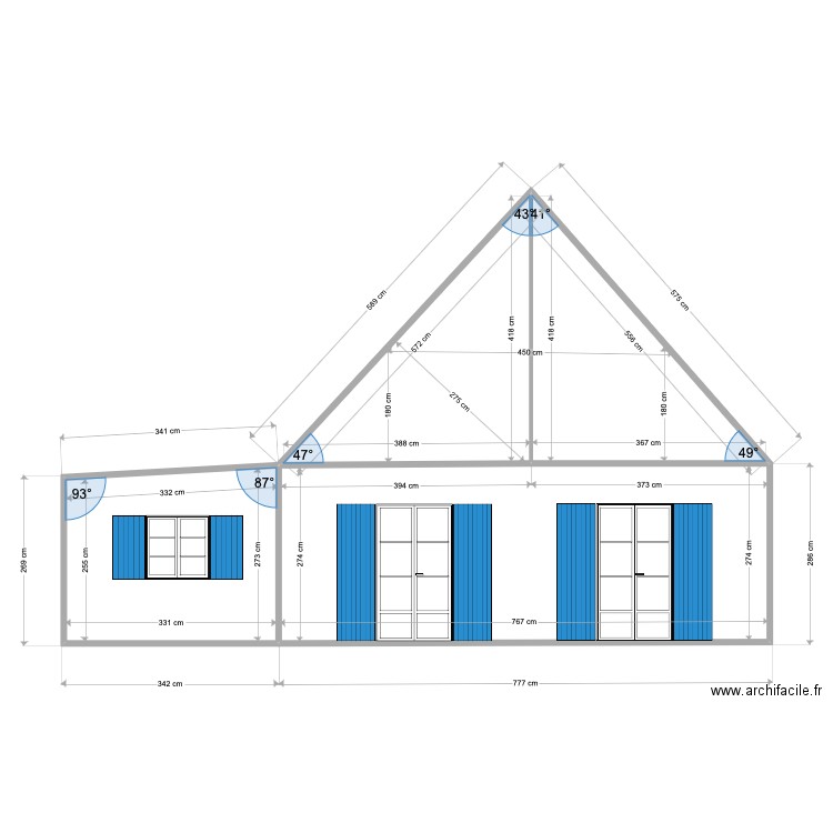 Facade SUD  état projeté. Plan de 4 pièces et 46 m2