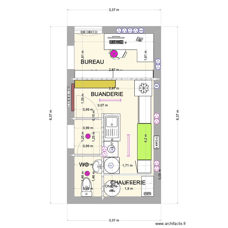 Buanderie + bureau Rdc dernier. Plan de 4 pièces et 16 m2