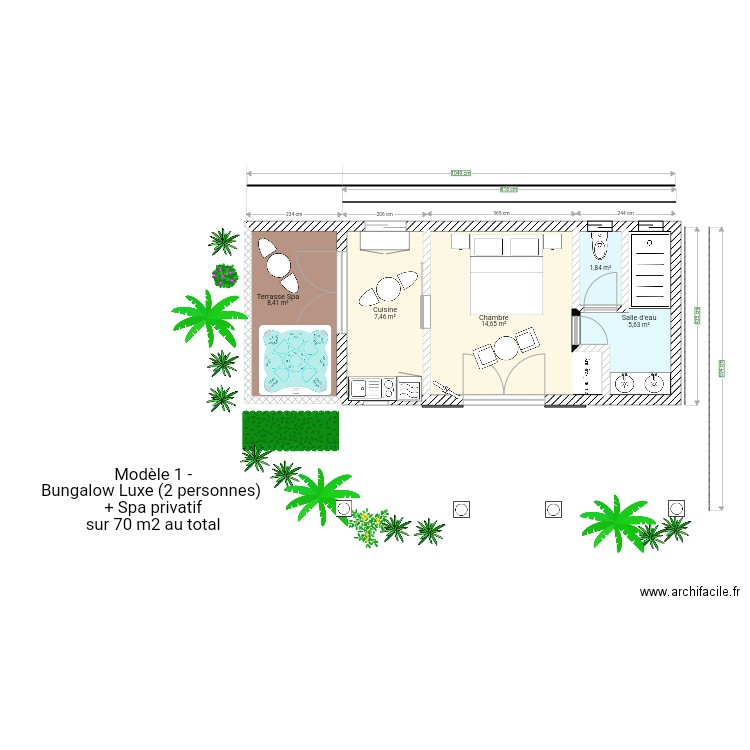 Projet de bungalow luxe et spa. Plan de 5 pièces et 38 m2