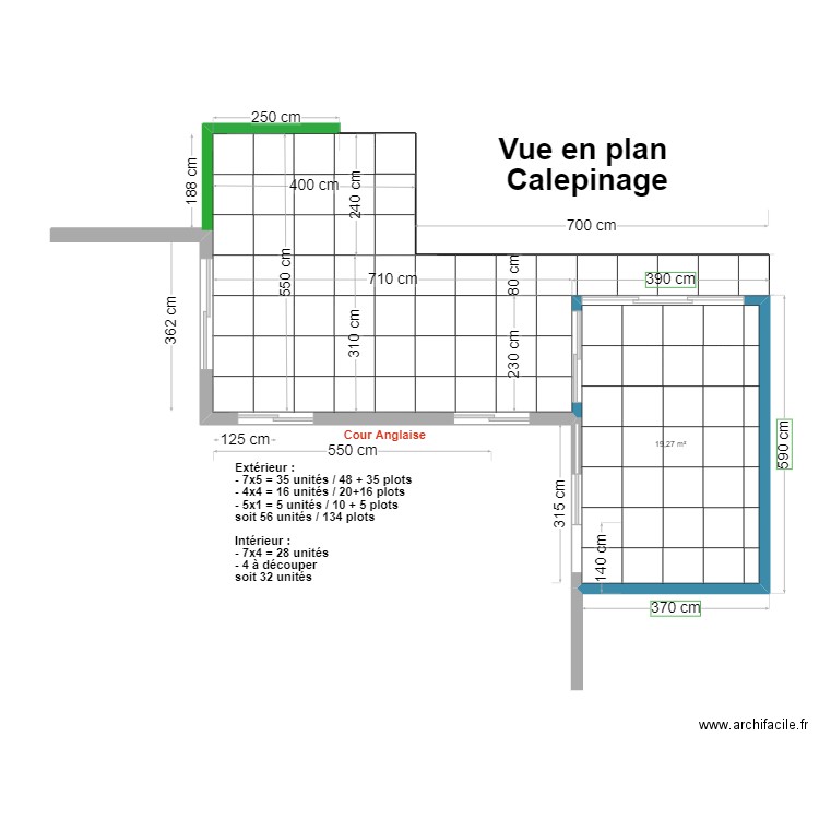 Terrasse et véranda V2 calepinage (dalle 80x80). Plan de 1 pièce et 19 m2