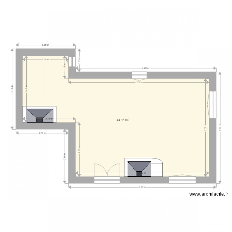 salon 101. Plan de 1 pièce et 44 m2