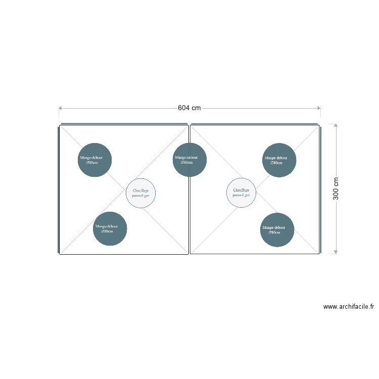 Implantation manges debout et chauffages sous 2 tentes 3x3m. Plan de 0 pièce et 0 m2