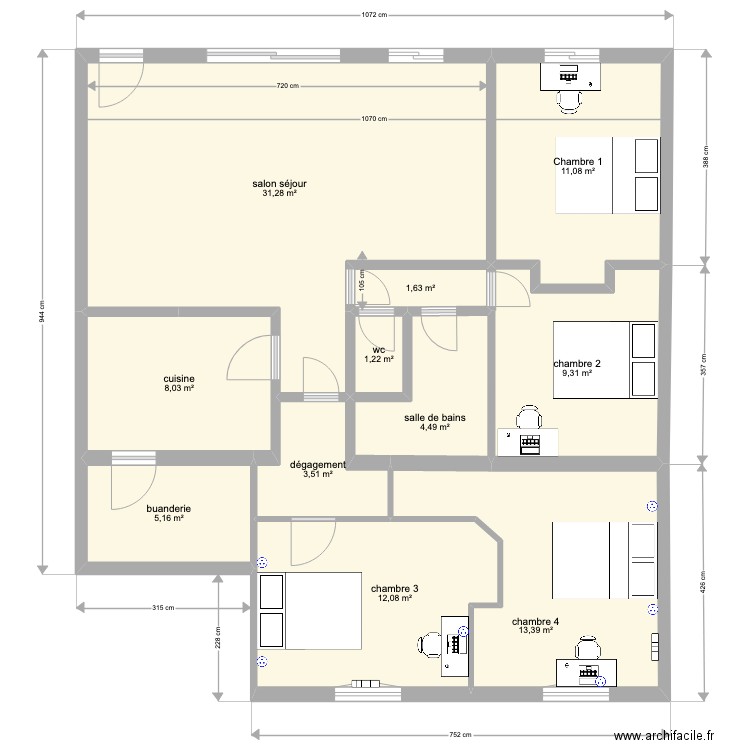 37 doublage murs. Plan de 11 pièces et 101 m2