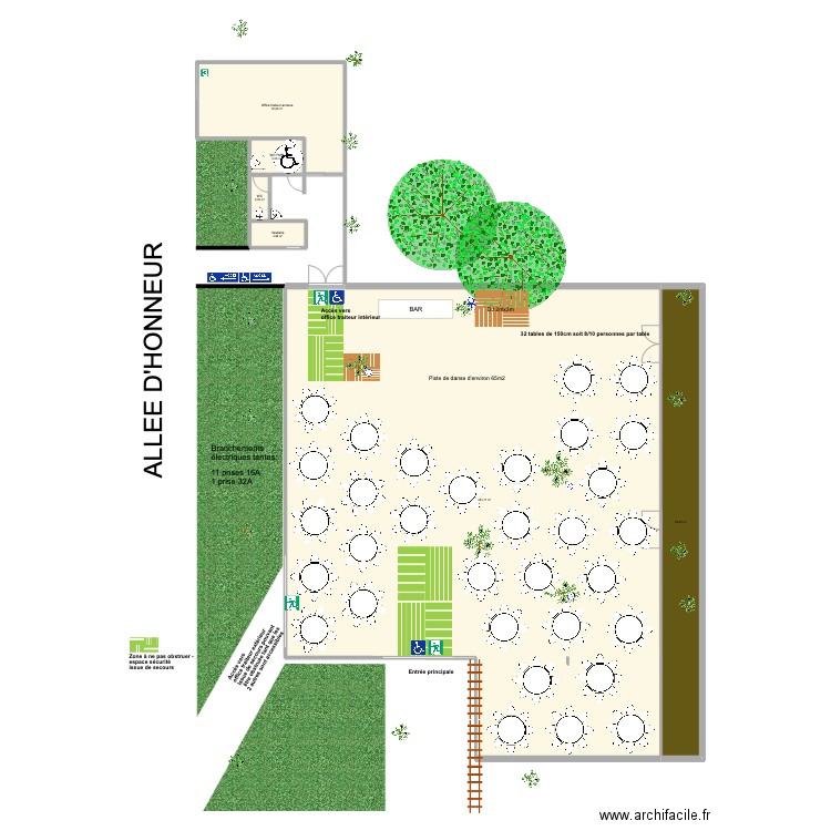 Diner et soirée 32 tables. Plan de 6 pièces et 554 m2