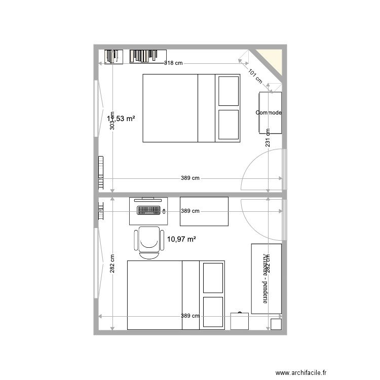 Chambre Now  . Plan de 3 pièces et 23 m2