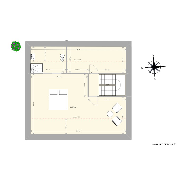 Grenier V2. Plan de 3 pièces et 75 m2