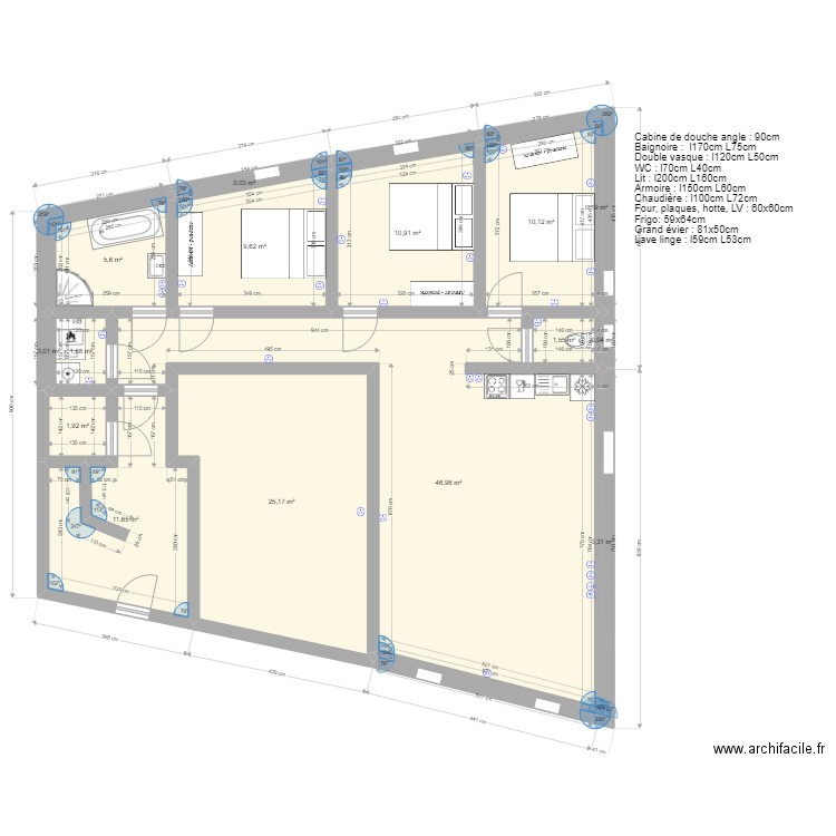 Plan RDC Appart 1 avec prises + cuisine v3. Plan de 16 pièces et 126 m2