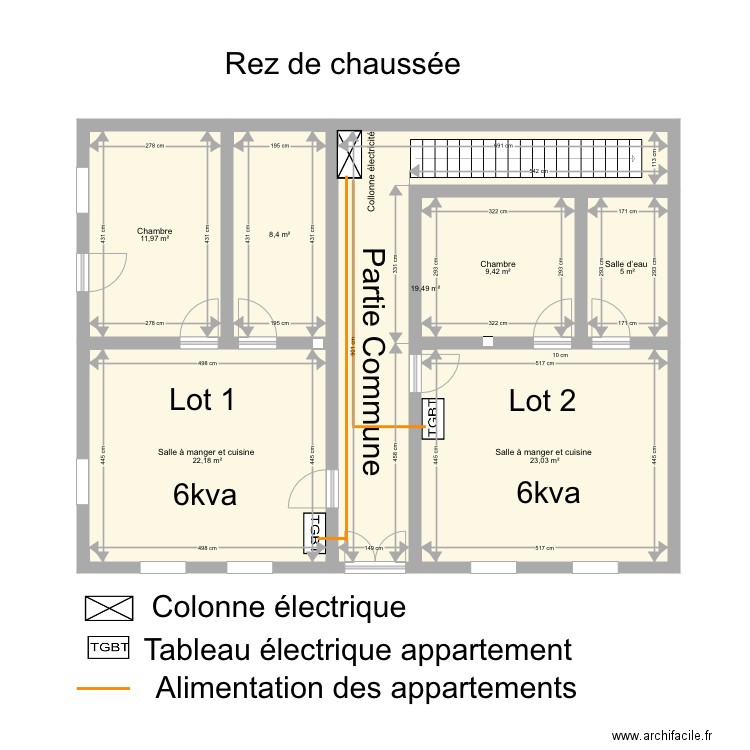 alimentation electrique RDC Lot 1 Lot 2. Plan de 7 pièces et 99 m2