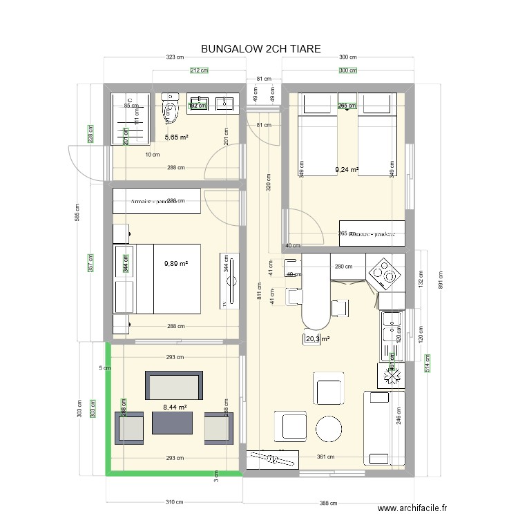 bungalow 2 chambres TIARE. Plan de 5 pièces et 54 m2