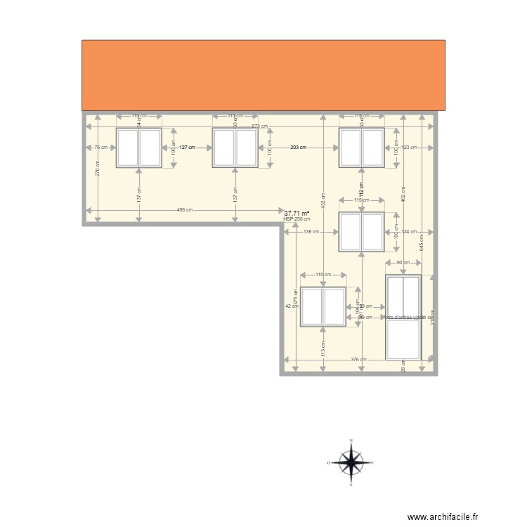 Façade sud . Plan de 1 pièce et 38 m2