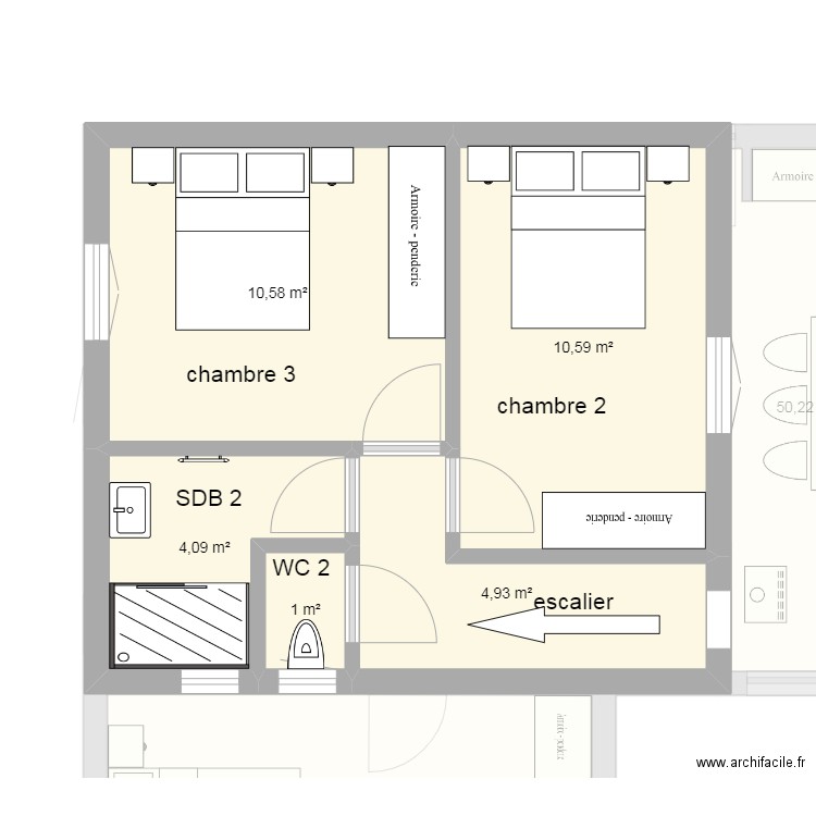 maison en L . Plan de 10 pièces et 107 m2