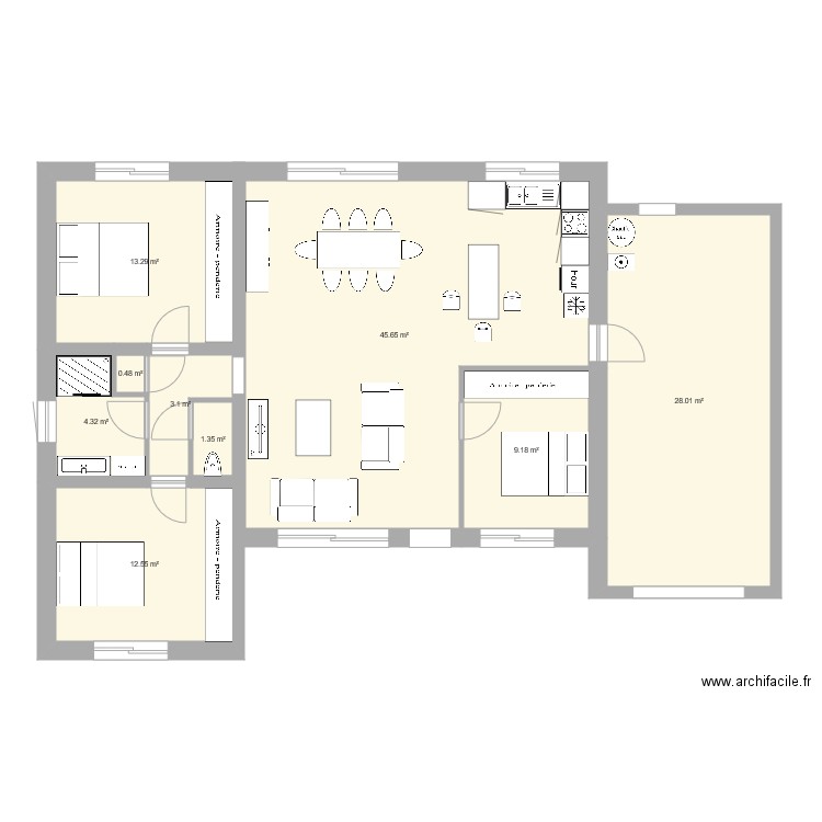 Plain pied 3 ch. Plan de 0 pièce et 0 m2