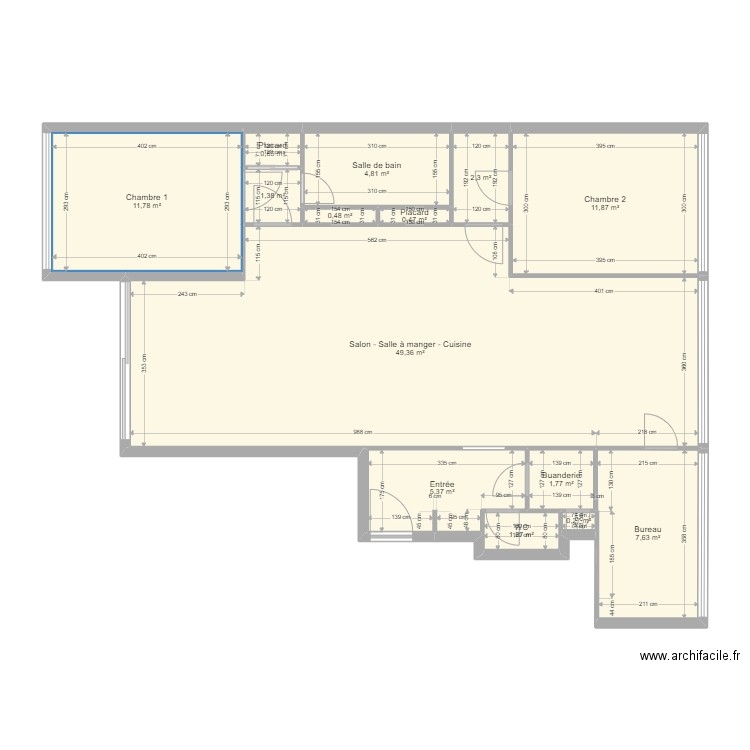 Appartement 98m² après casse. Plan de 14 pièces et 100 m2