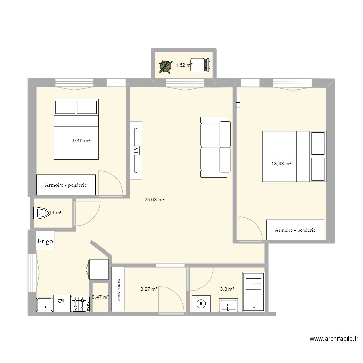 T3 catalanos. Plan de 8 pièces et 58 m2