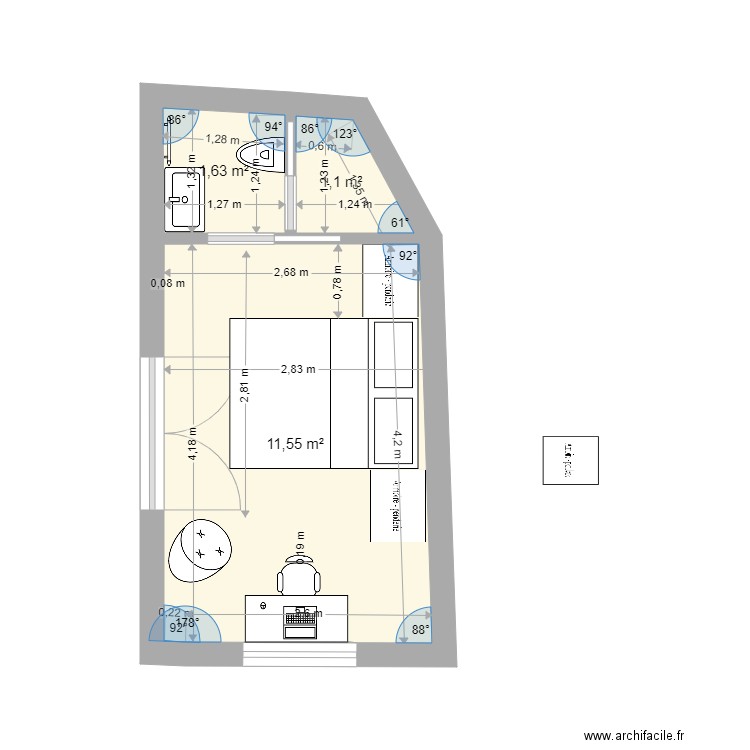 chambre ter agrandi. Plan de 3 pièces et 14 m2