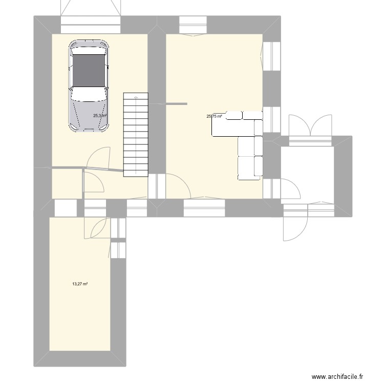 RDC . Plan de 3 pièces et 64 m2