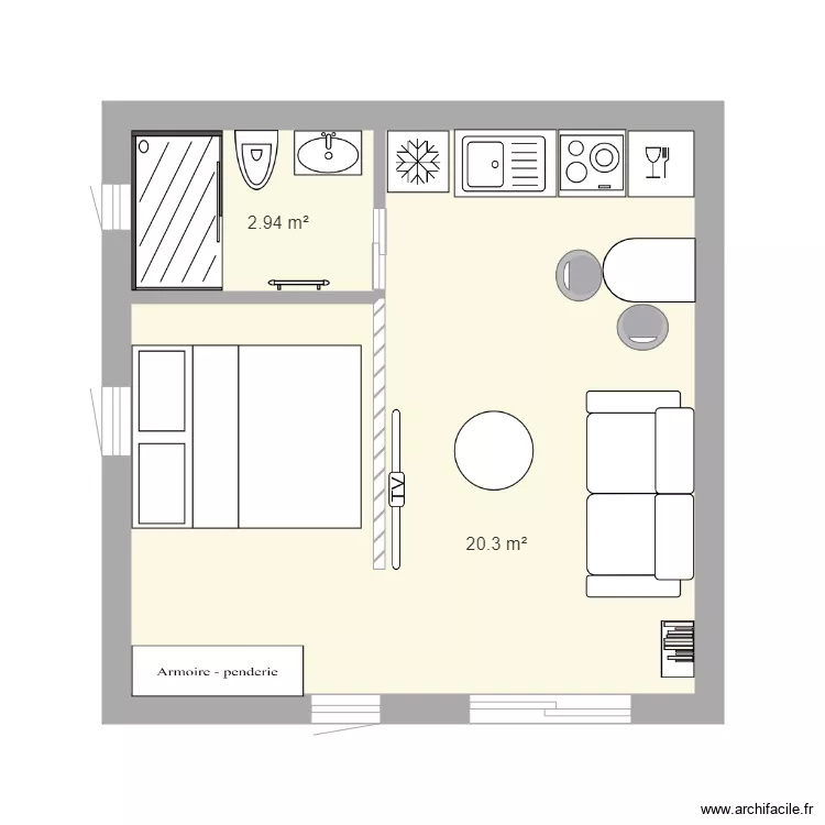 studio 25m2 meubl&eacute;. Plan de 