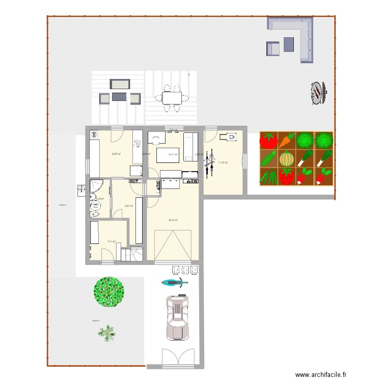 rez-de chaussée jardin. Plan de 10 pièces et 69 m2