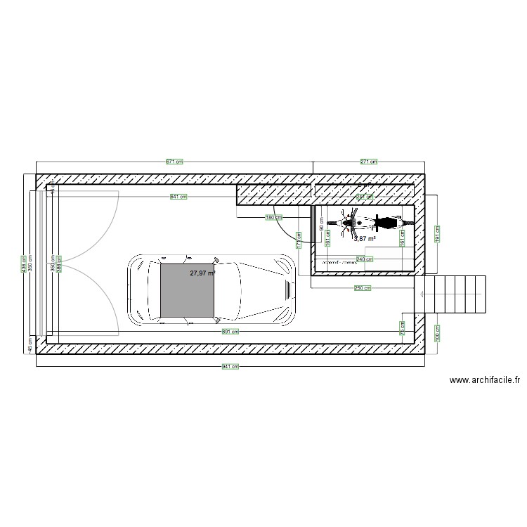 Aménagement cour extérieur. Plan de 3 pièces et 32 m2