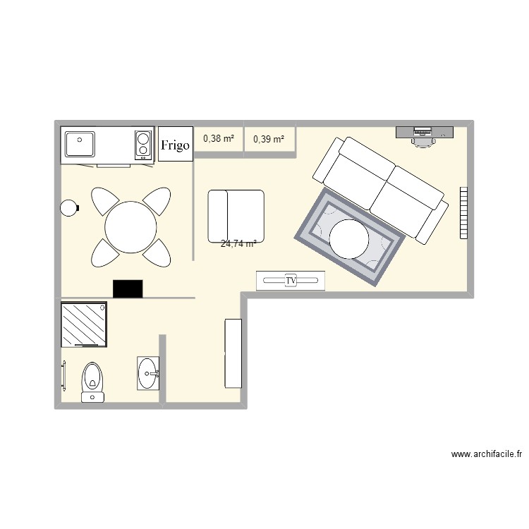 14 DAUZAC cuisine au fond. Plan de 3 pièces et 26 m2