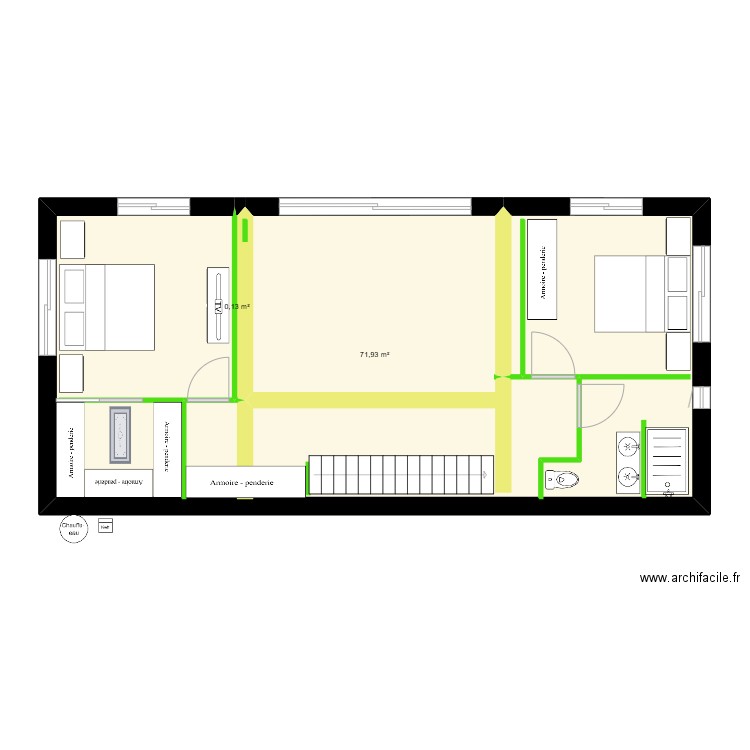 ALEX ETAGE. Plan de 2 pièces et 72 m2