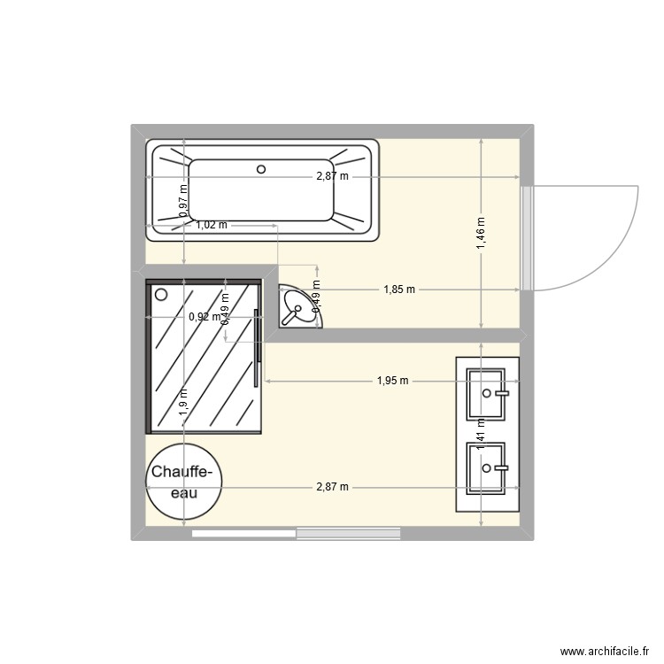 SDB. Plan de 2 pièces et 8 m2