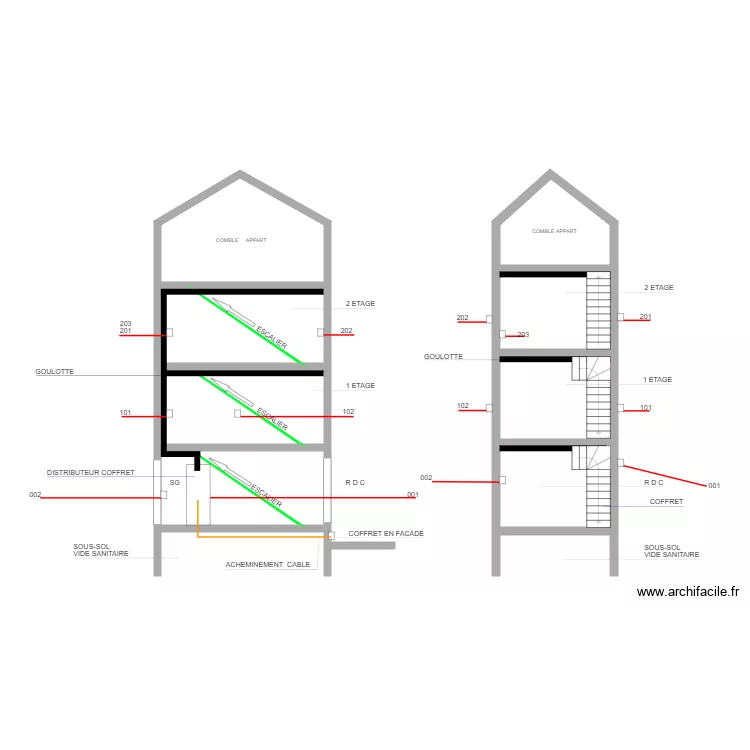 COLONNE MONTANTE DE FACE LOBAU. Plan de 