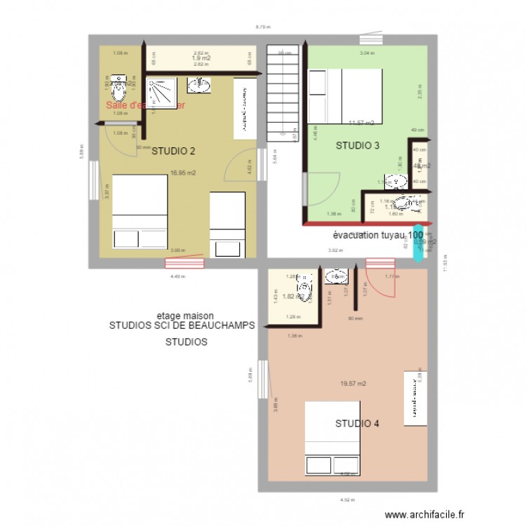 sci beauchamps ETAGE MAISON 3 studios VERSION 1. Plan de 9 pièces et 56 m2