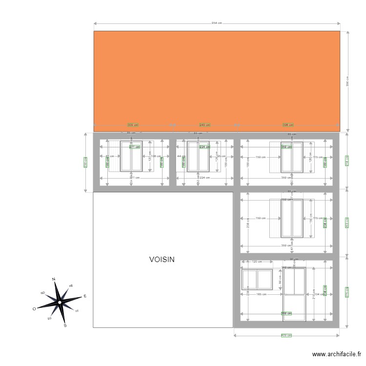 Façade Sud. Plan de 8 pièces et 60 m2