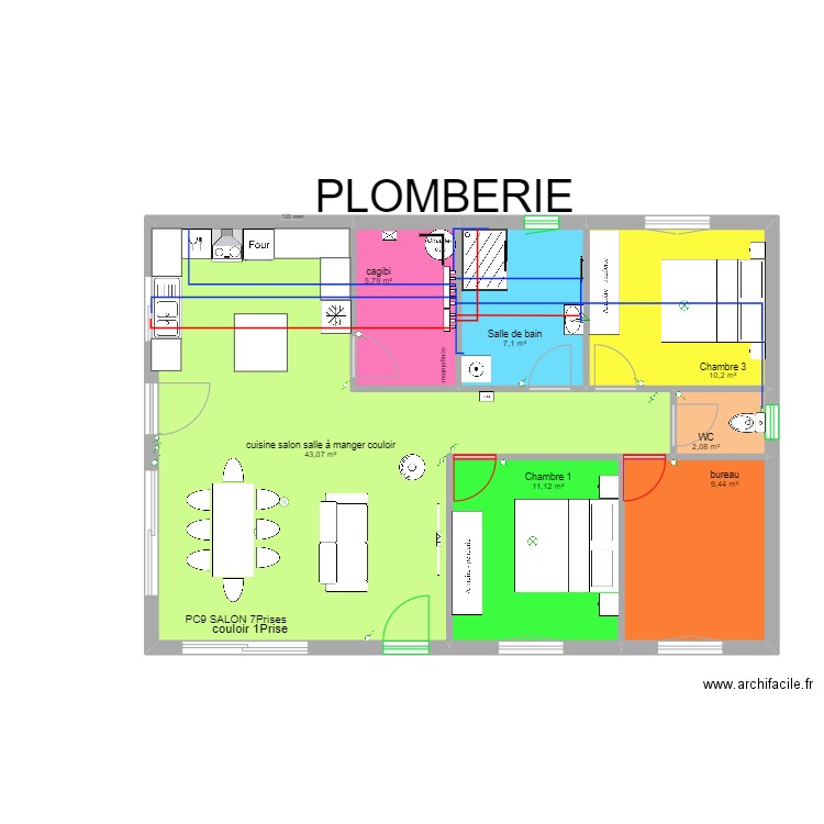 plomberie. Plan de 7 pièces et 89 m2