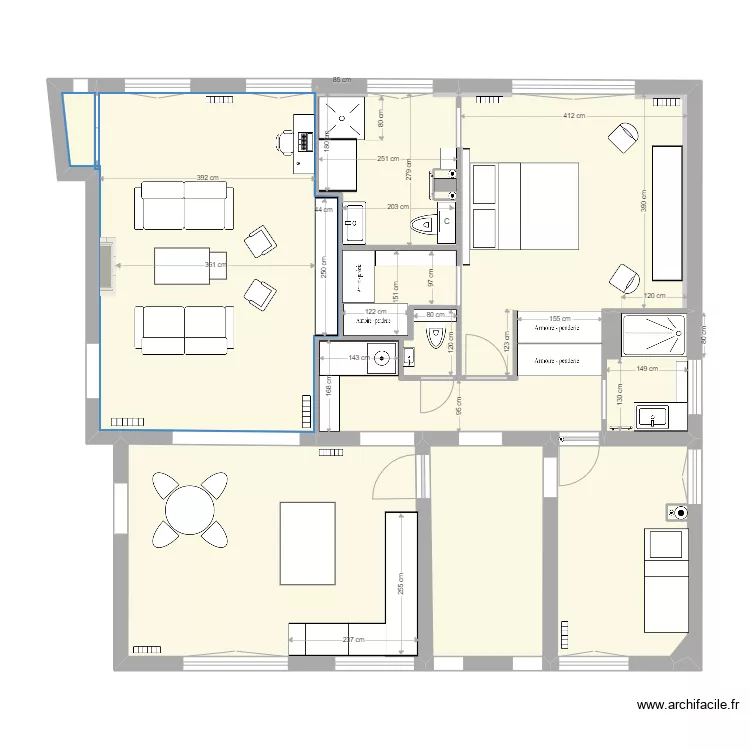 Villa Herran am&eacute;nag&eacute; apr&egrave;s d&eacute;molition - Mur salon d&eacute;plac&eacute; AVEC NICHE. Plan de 