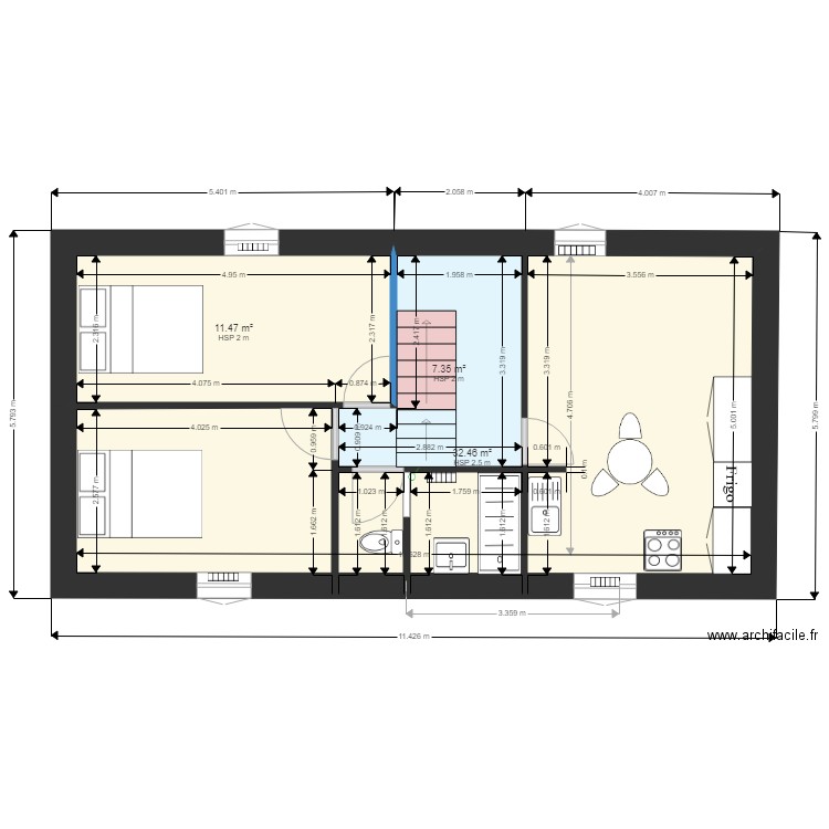 1 etage maison bleue avec modification de l escalier. Plan de 3 pièces et 51 m2