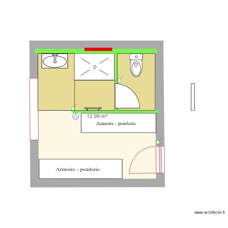 Plan chambre et SdB 1. Plan de 1 pièce et 13 m2