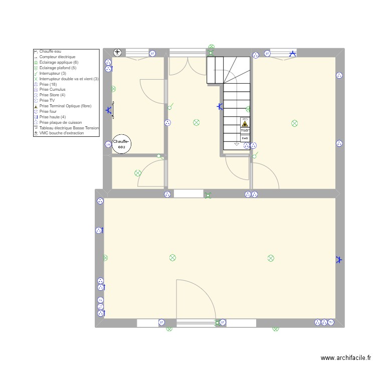 Implantation électrique  M2  RdC. Plan de 5 pièces et 51 m2