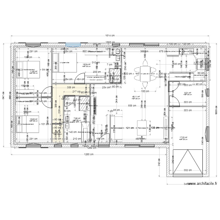 plan 124,77 m2 en L anti-sismique. Plan de 9 pièces et 125 m2