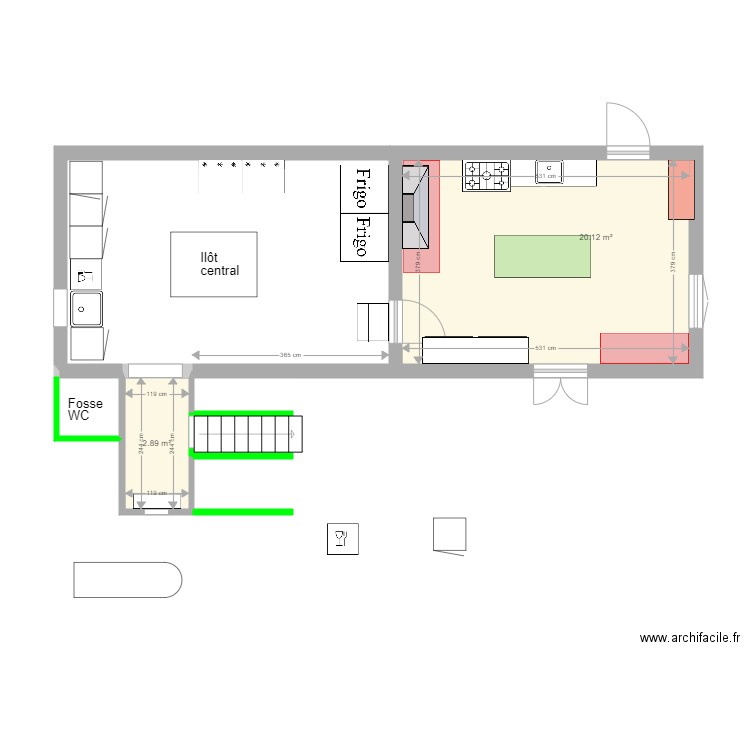 cuisine GM. Plan de 2 pièces et 23 m2