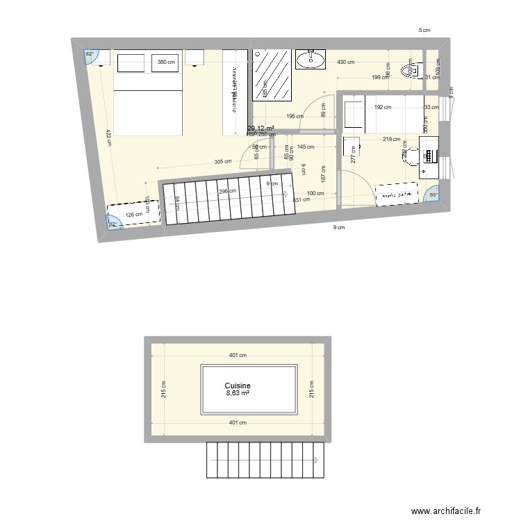 cuisine. Plan de 2 pièces et 38 m2