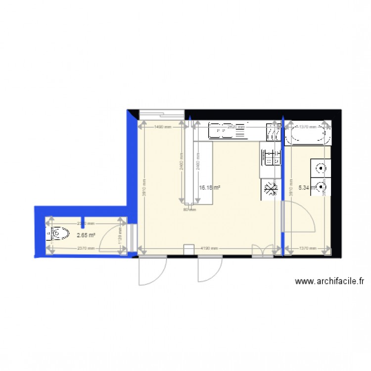 tmr2. Plan de 3 pièces et 24 m2