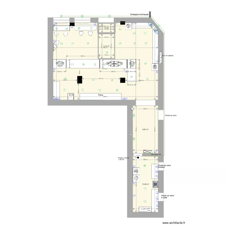 Patisserie Rez de chauss&eacute;e &eacute;clairage plafond. Plan de 
