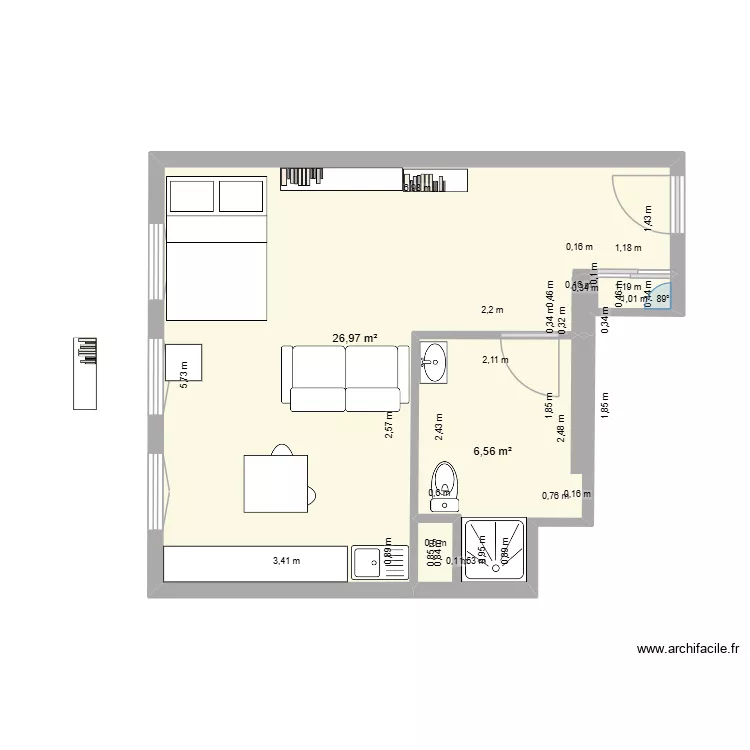 Paris 17. Plan de 2  et 34 m²