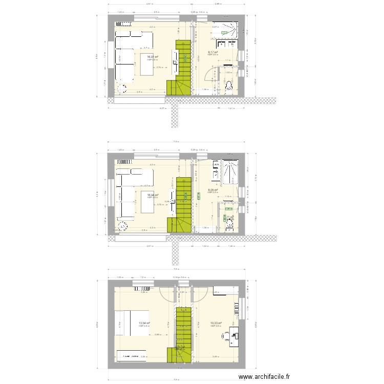 Etage maison David. Plan de 11 pièces et 80 m2