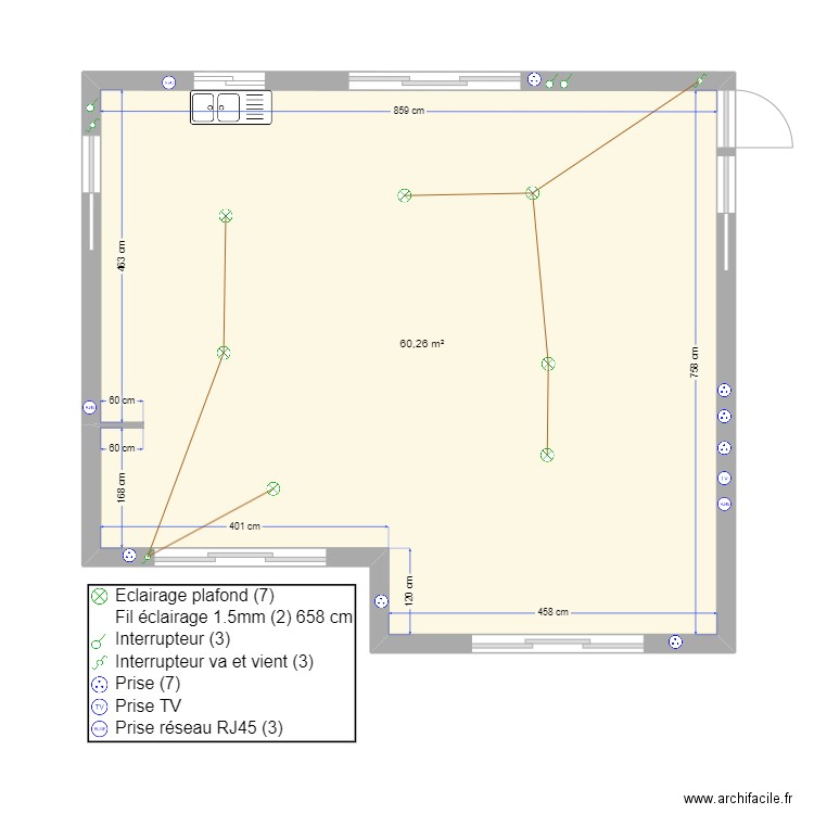 Pièce de vie. Plan de 1 pièce et 60 m2