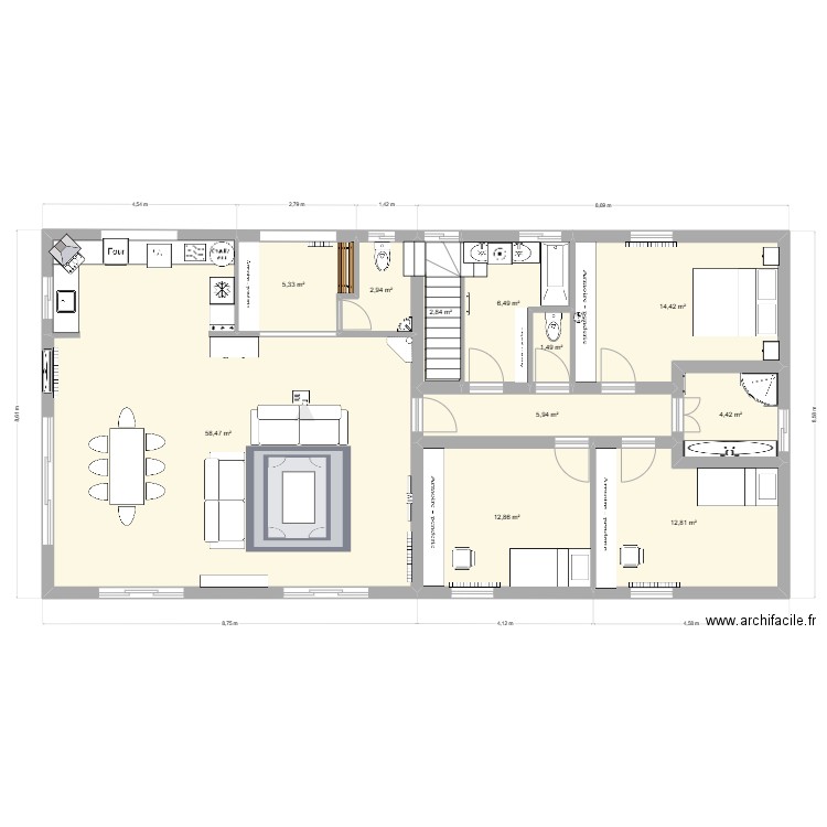 projet 2: sous sol. Plan de 11 pièces et 128 m2
