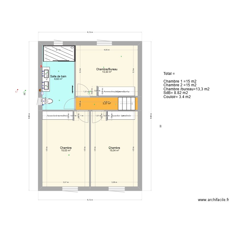 coin chambre. Plan de 5 pièces et 54 m2