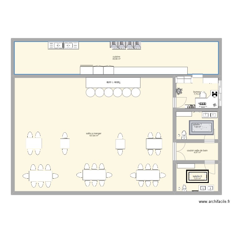 restaurent. Plan de 6 pièces et 174 m2