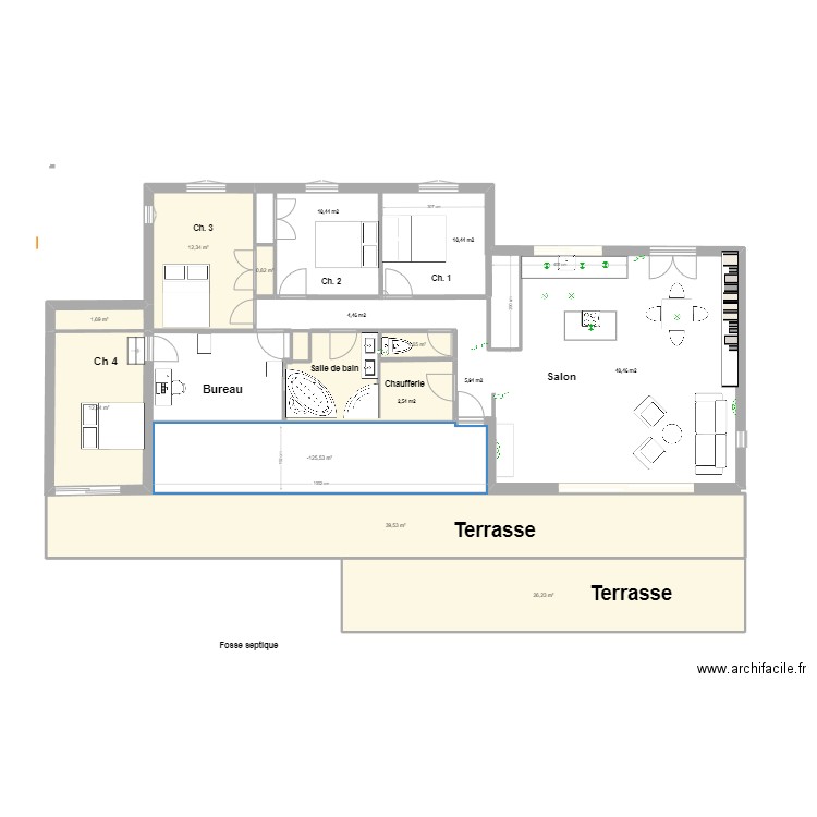 Plan Existant. Plan de 8 pièces et 115 m2