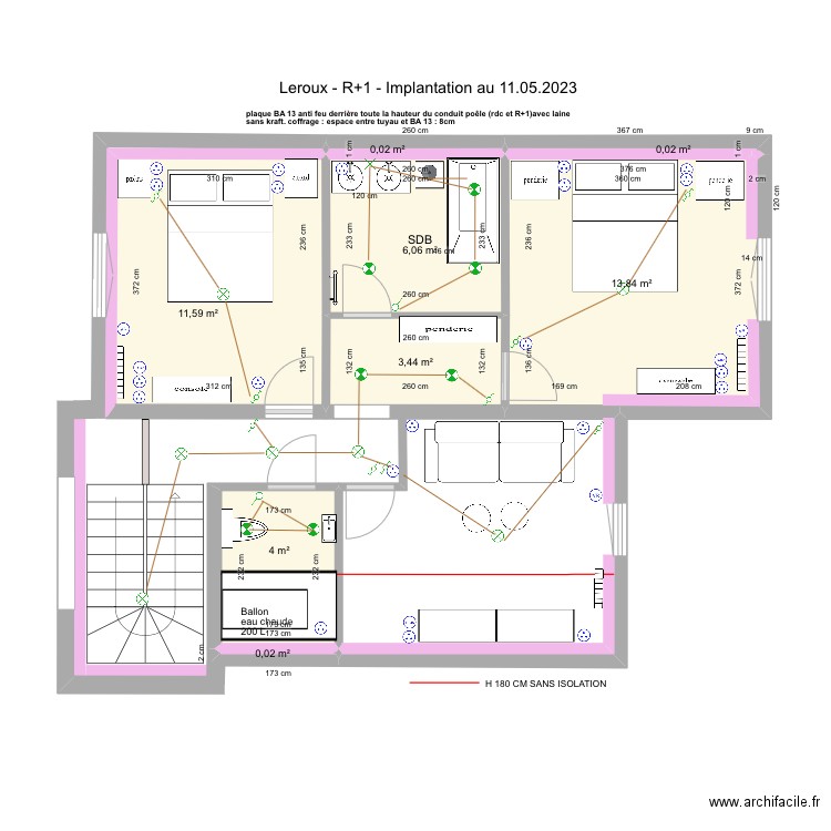 Option 2 LEROUX LA BAULE R+1 Electricite plomberie 11.05.2023. Plan de 8 pièces et 39 m2