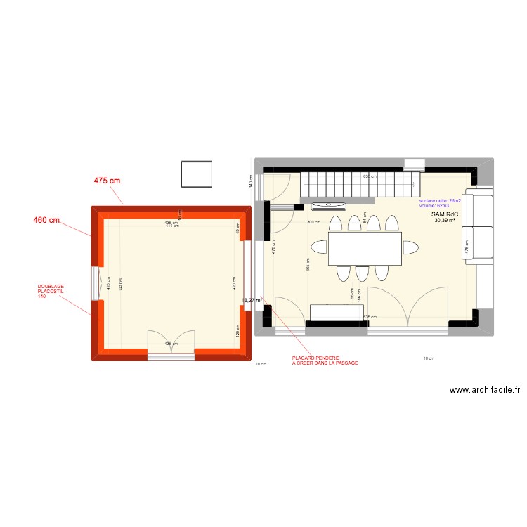 EXTENSION (cuisine) SAM table 220/100 amenagement BASTIDON. Plan de 2 pièces et 49 m2